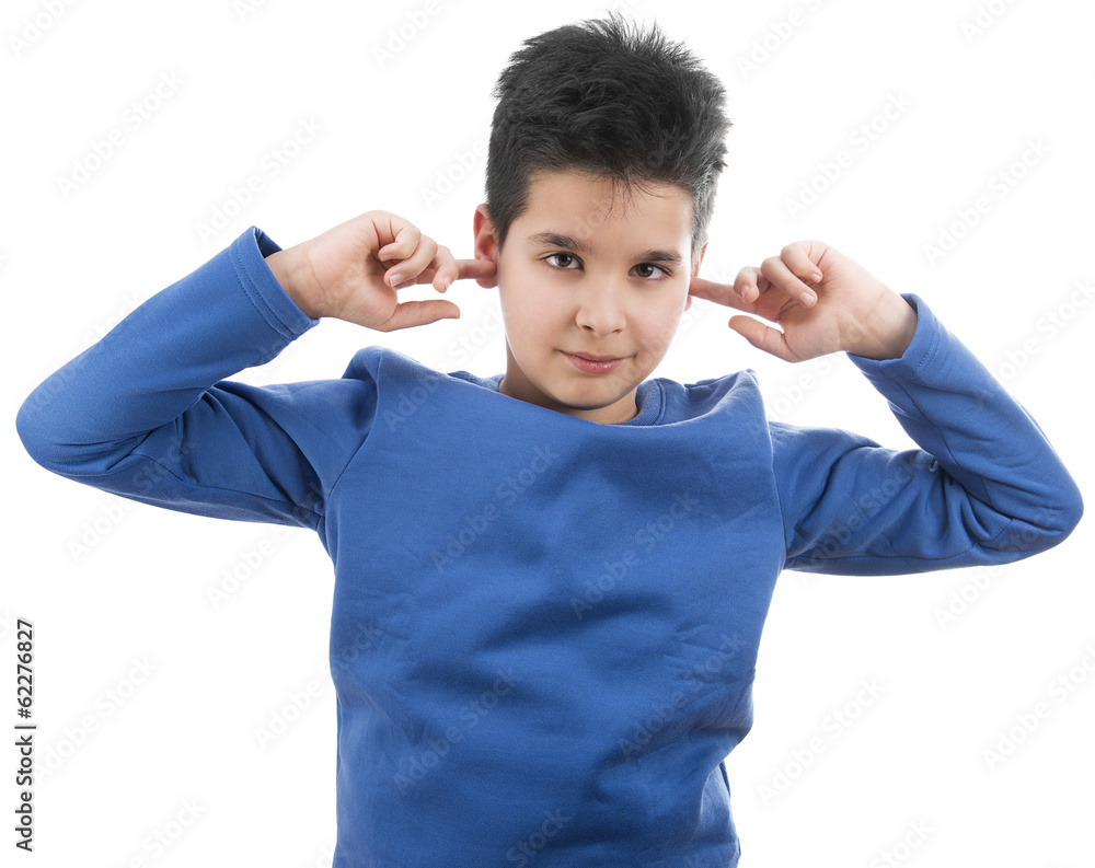 Cute boy closing his ears not hear isolated on white background Cute boy closing his ears not hear isolated on white background