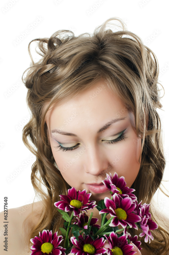 The girl with beautiful hair with chrysanthemum The girl with beautiful hair with chrysanthemum