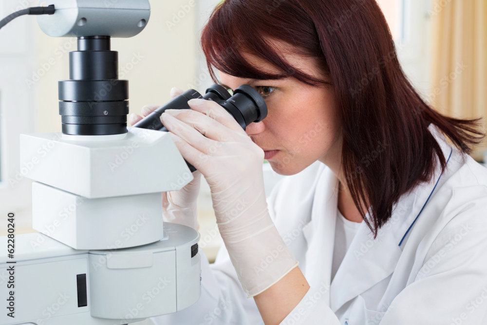 Fototapeta premium A young female scientist looking into a microscope