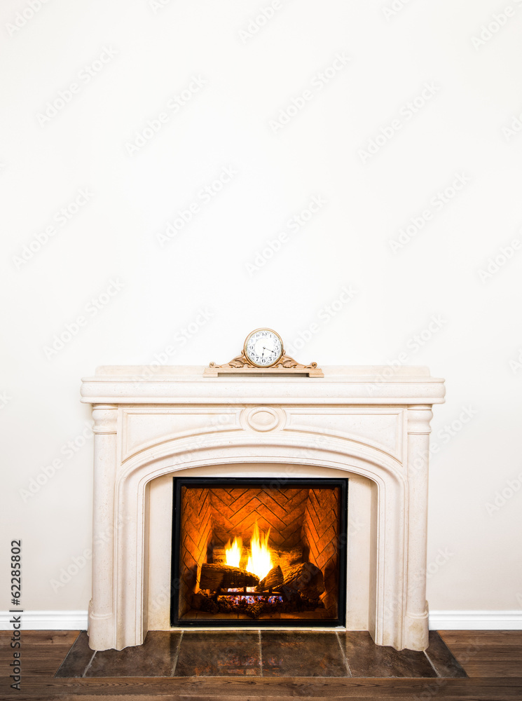 Luxurious White Marble Fireplace and empty wall Luxurious White Marble Fireplace and empty wall