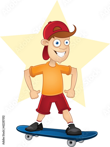 Cartoon cute skater boy on skateboard proudly