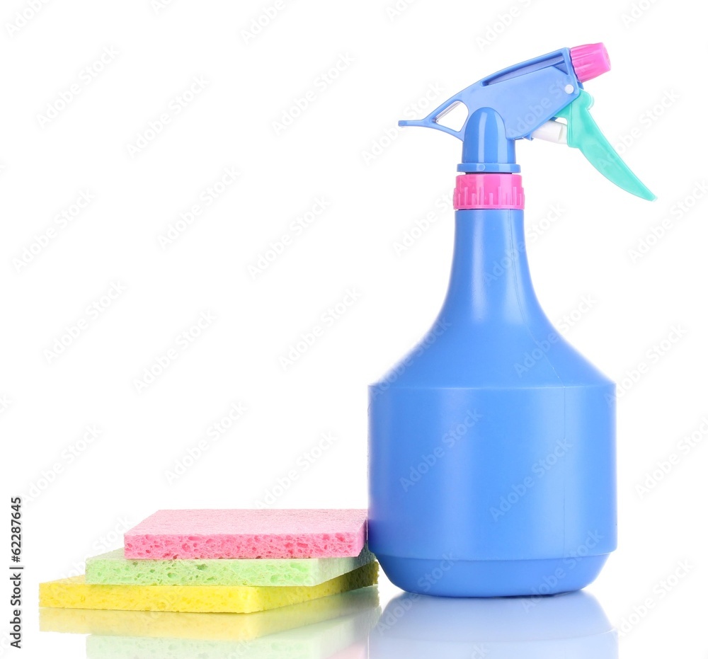 Cellulose sponges and spray isolated on white Cellulose sponges and spray isolated on white