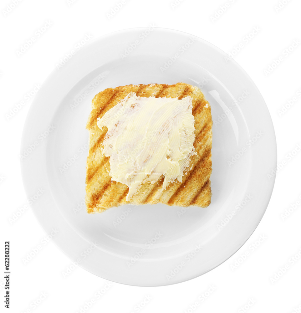 Grilled bread with butter, isolated on white