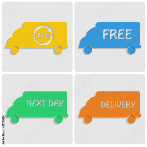 icons delivery. colorfu cars out of paper on gray background.tra