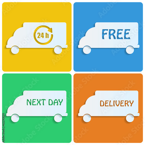 icons delivery.white cars out of paper on colorful background.tr