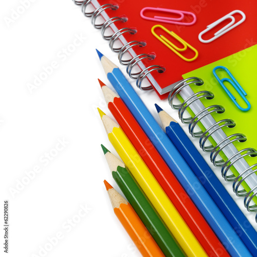 School and office stationery isolated over white with copyspace. photo