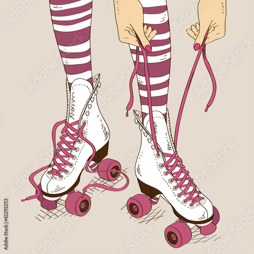 Illustration with female legs in retro roller skates