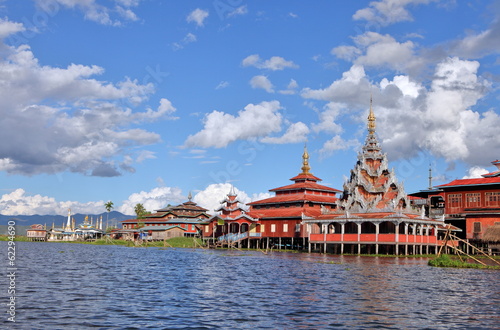 Buddhist monastery standing on stilts on the water, Inle Lake, Myanmar
