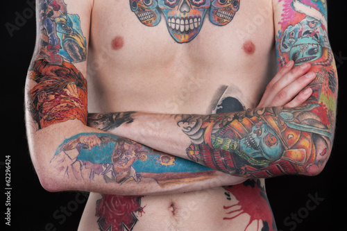 colorful tattoo chest of young man.