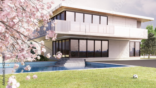 3D Haus mit blühendem Kirschbaum