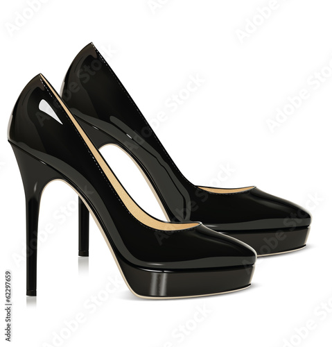 Pair of black patent leather female high-heeled shoes isolated o