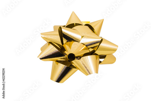 Shiny gold bow on white background