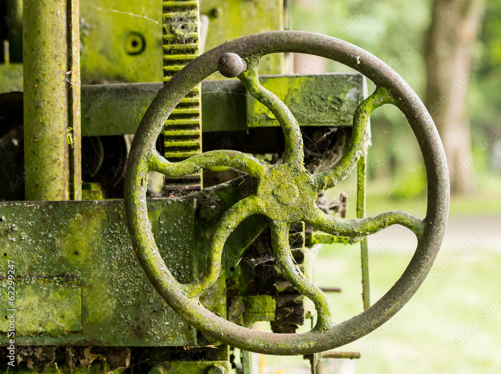 Moss covered farm machinery with handle Moss covered farm machinery with handle