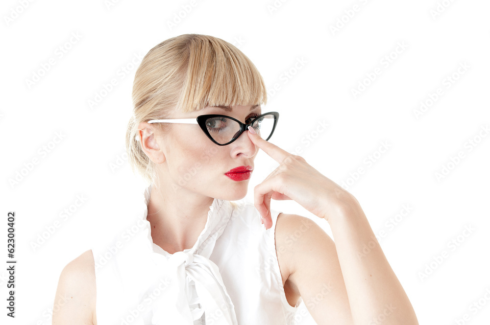 Portrait of smart businesswoman wearing glasses on white backgro