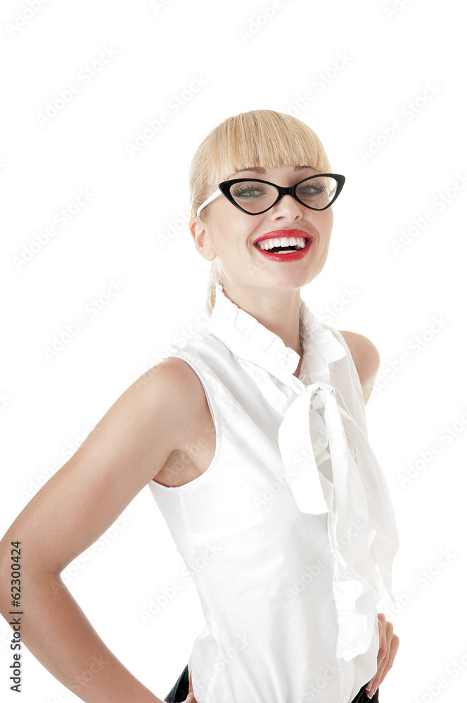 Smiling  blonde business women wearing glasses over white backgr