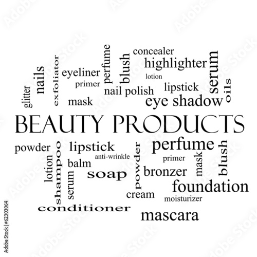 Beauty Products Word Cloud Concept in black and white