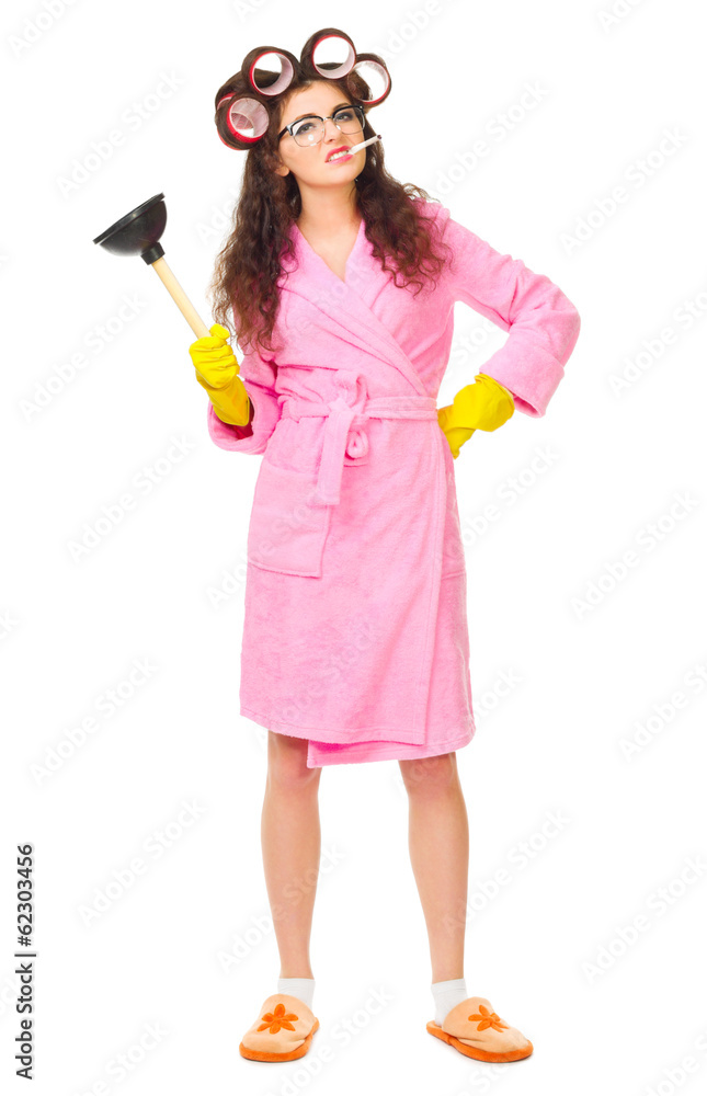 Housewife with plunger and cigarette Housewife with plunger and cigarette