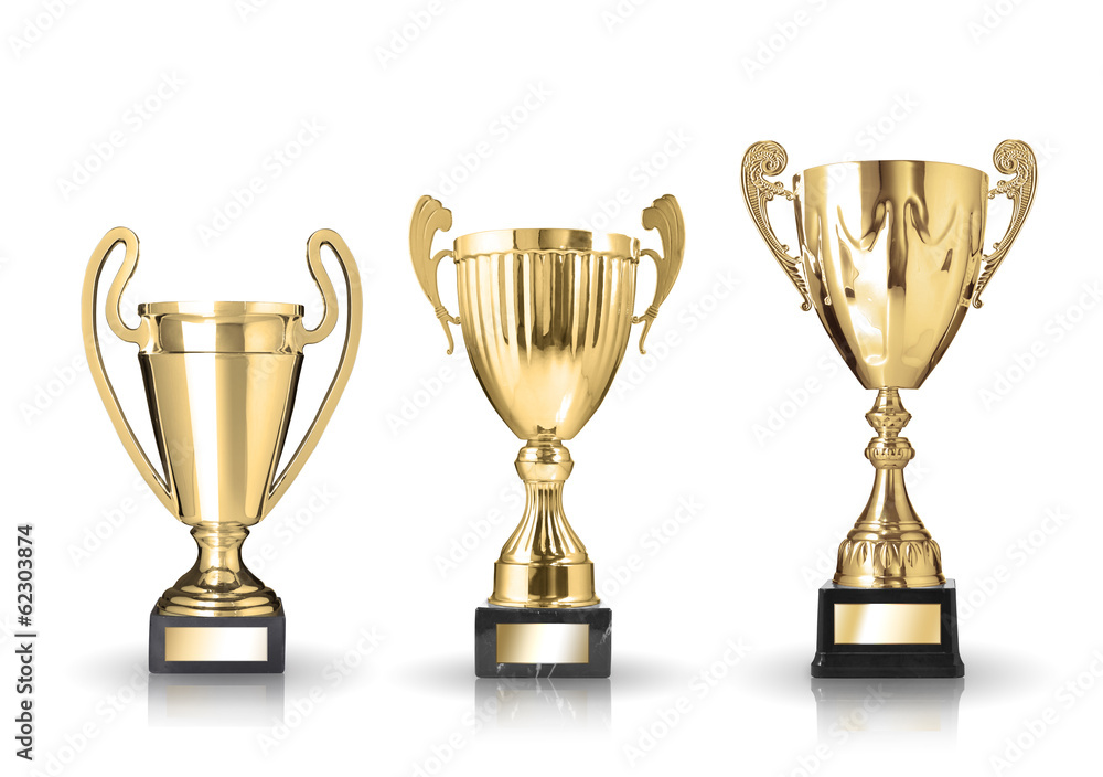three different kind of golden trophies. Isolated on white backg three different kind of golden trophies. Isolated on white backg