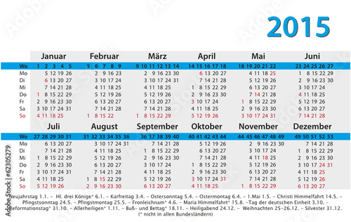 Kalender 2015 Visitenkartenformat mit Feiertagen