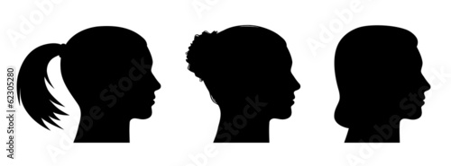 Set: 3 Frauenköpfe seitlich im Profil mit verschiedenen Frisuren photo