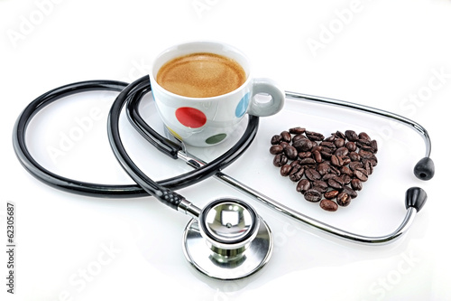 Cup of coffee with a stethoscope on white background