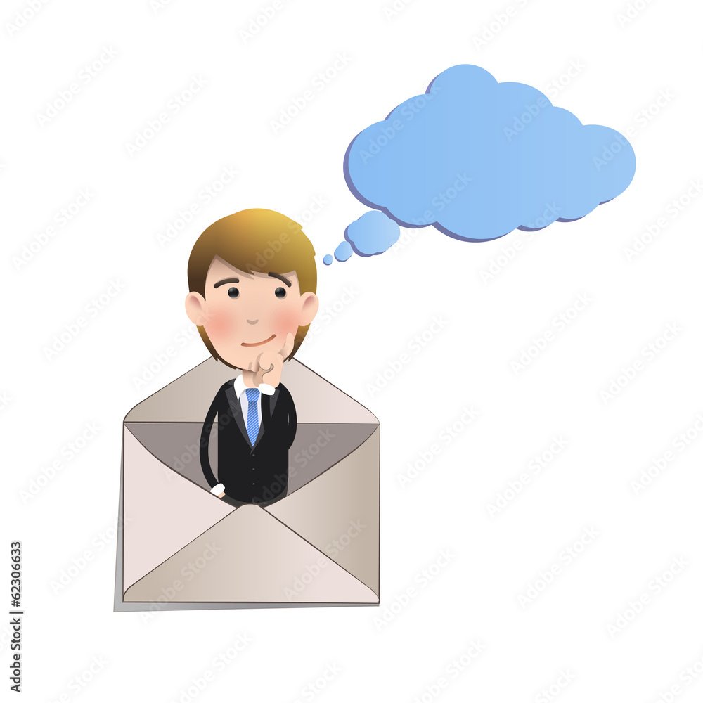 Businessman thinking inside an envelope over white background Businessman thinking inside an envelope over white background