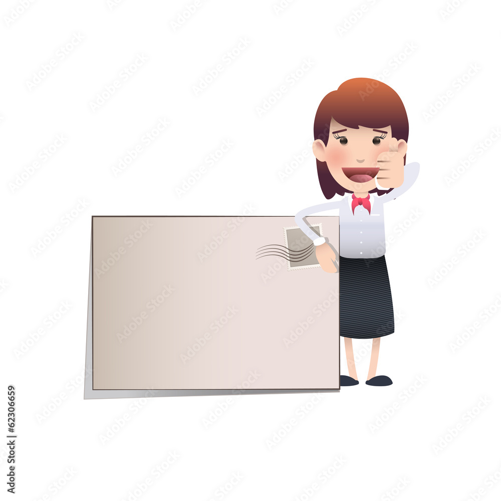 Business girl holding an envelope over white background