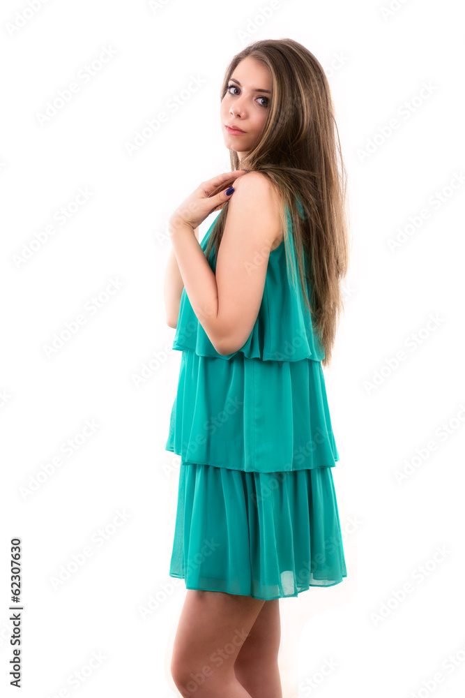 portrait of woman with brown hair on white background