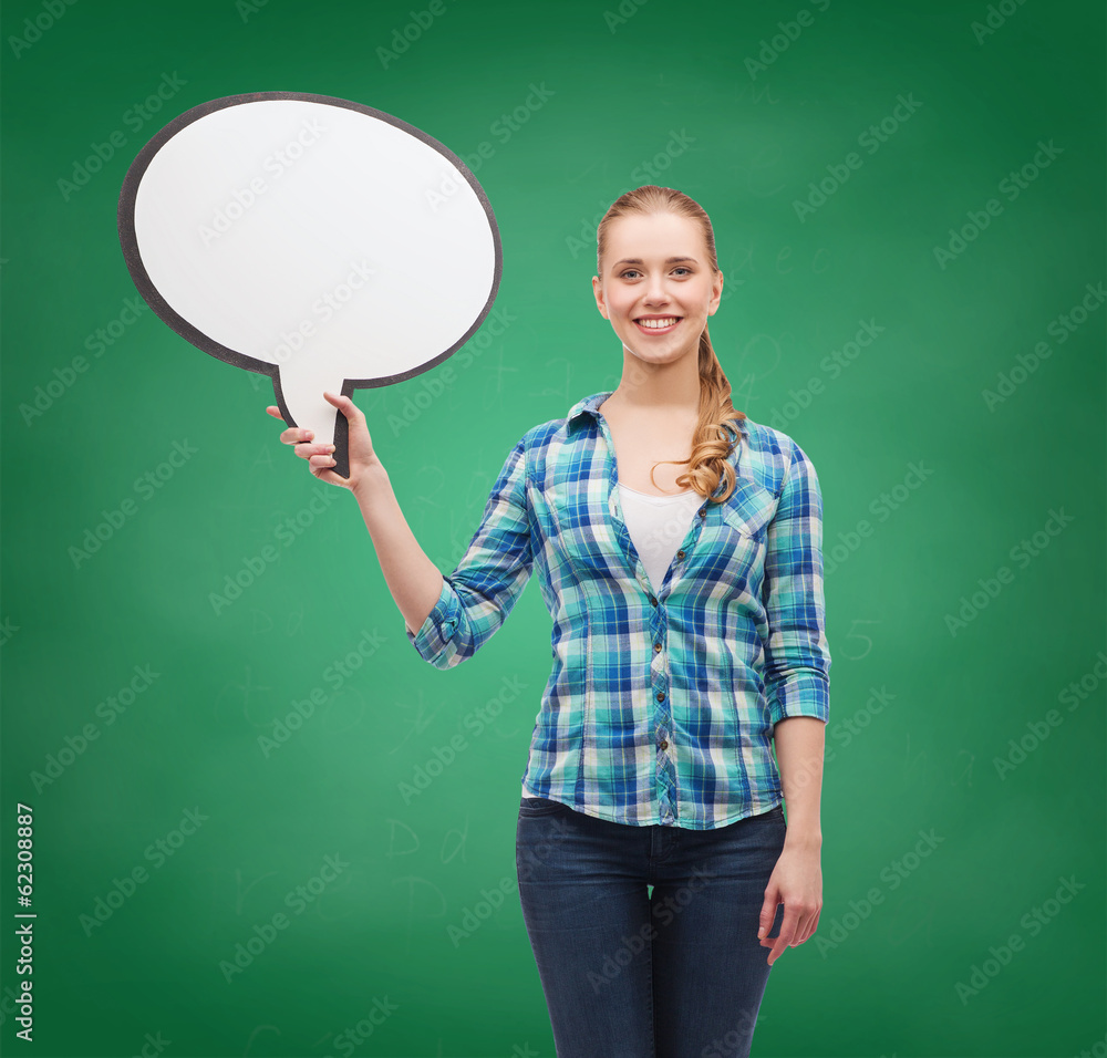 smiling young woman with blank text bubble