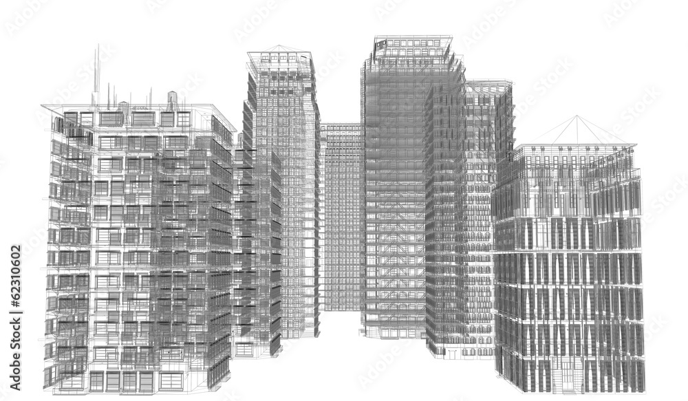 Highly detailed buildings. Wire-frame render