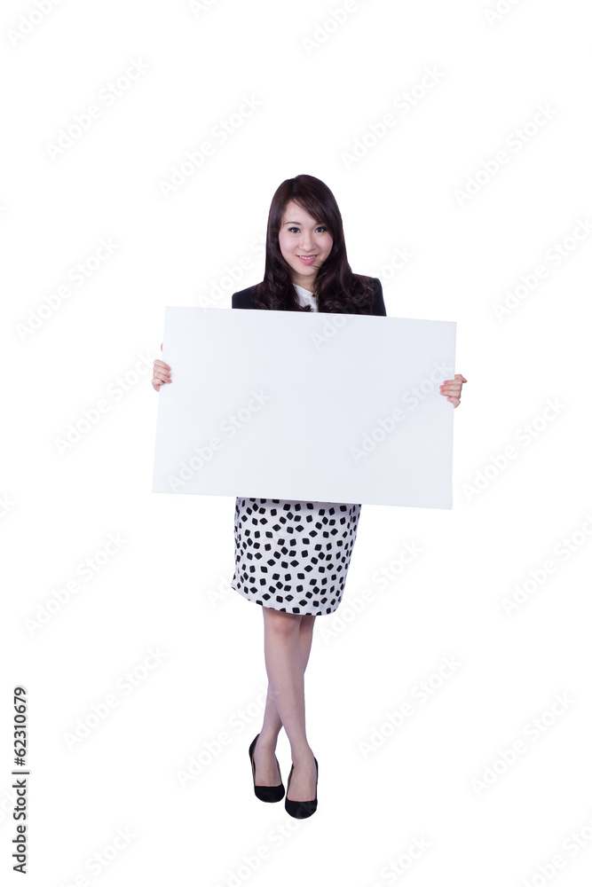 young business woman showing blank signboard young business woman showing blank signboard