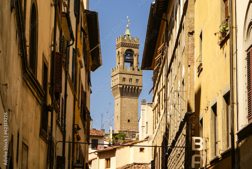 Tower of Palazzo Vecchio view from Santa Croce square, Florence,