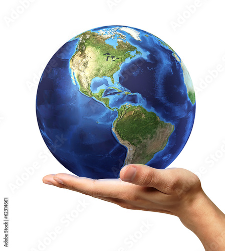 Man's hand with earth globe on it. On white background