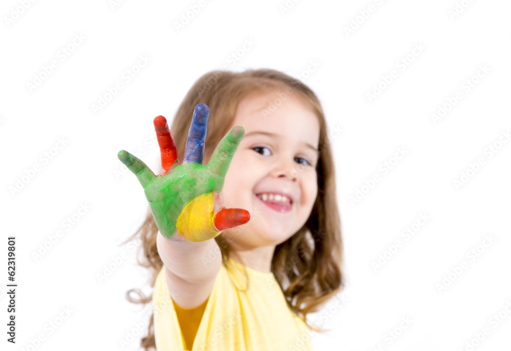 happy little girl with hands painted in vivid colours happy little girl with hands painted in vivid colours