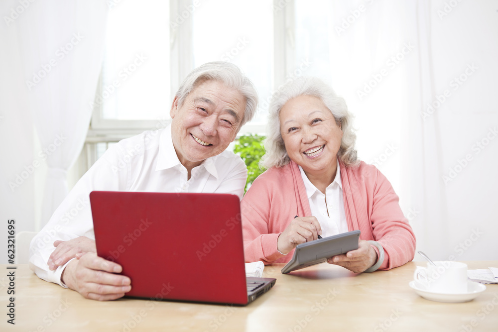 .Senior couple using laptop and calculator.