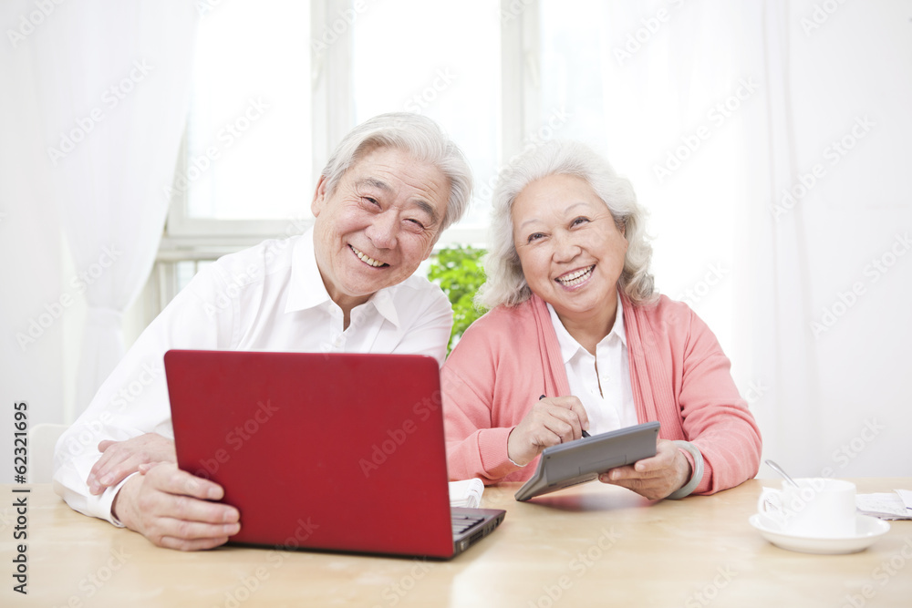 .Senior couple using laptop and calculator. .Senior couple using laptop and calculator.