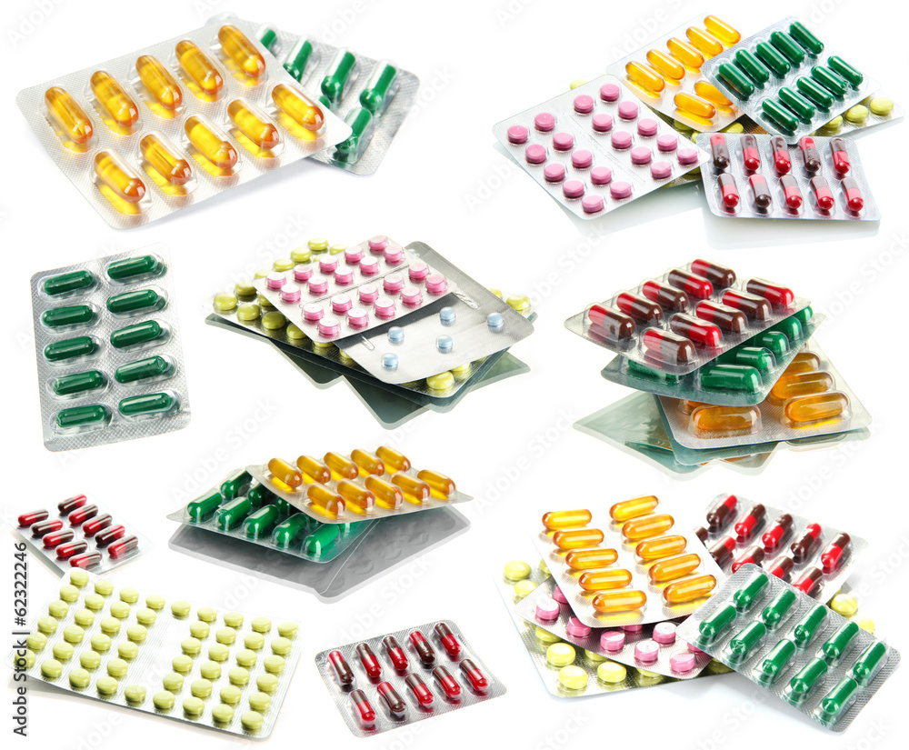 Collage of pills isolated on white Collage of pills isolated on white