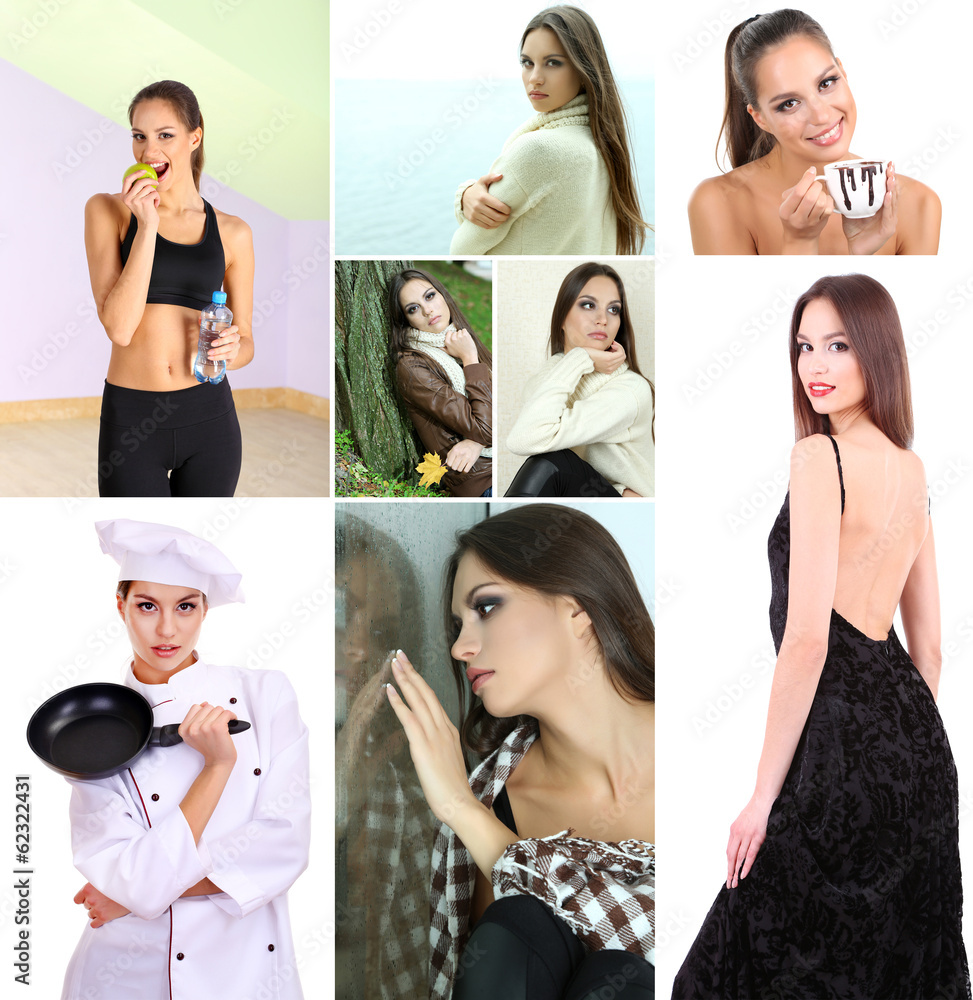 Collage of portraits young beautiful girl
