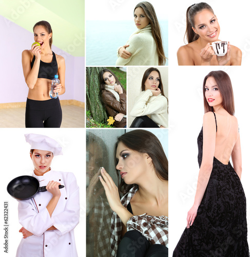 Obraz na płótnie Collage of portraits young beautiful girl w salonie