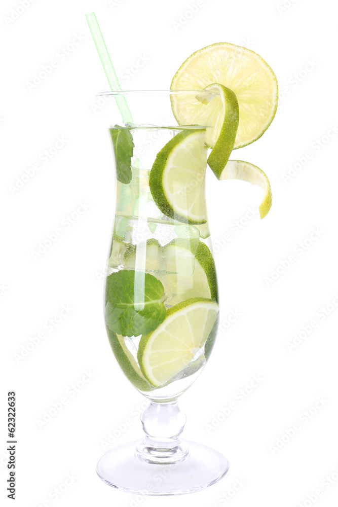 Glass of cocktail with lime and mint isolated on white Glass of cocktail with lime and mint isolated on white
