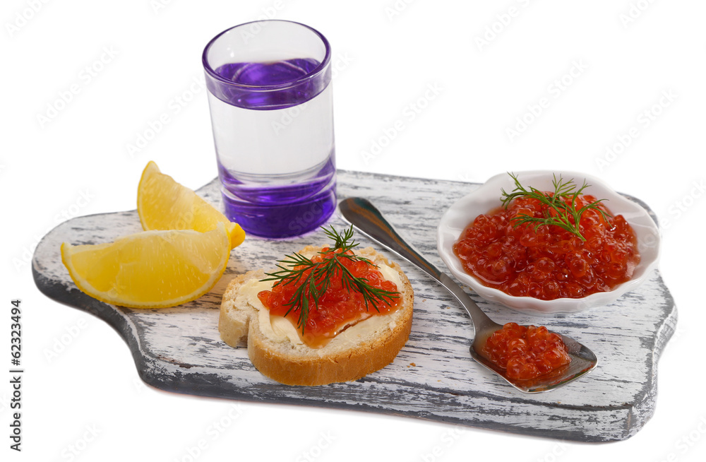 Sandwich with caviar and vodka on wooden board isolated on Sandwich with caviar and vodka on wooden board isolated on