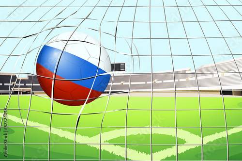 A soccer ball with the flag of Russia hitting a goal