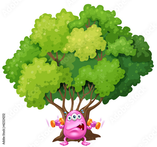 A pink monster exercising under the tree