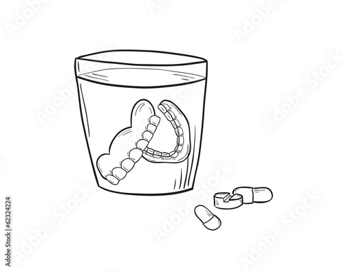 sketch of the denture in glass and pills