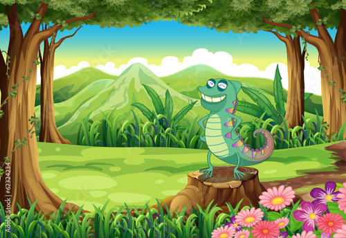 A smiling lizard above the stump at the forest