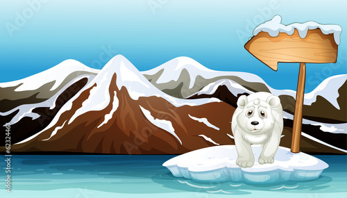 A polar bear above the iceberg with a signboard