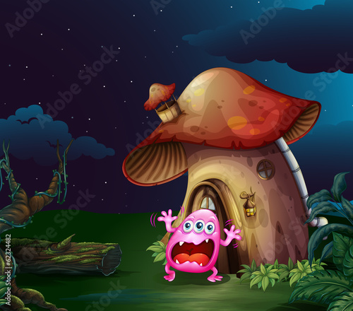 A scared monster near the mushroom house