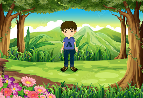 A timid young boy at the forest