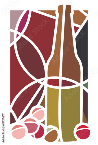 Stylised illustration of a bottle of red wine and grapes