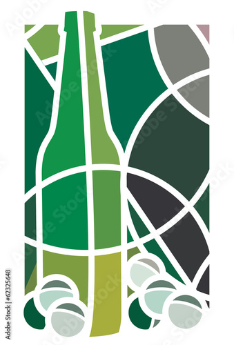 Stylised illustration of a bottle of white wine and grapes